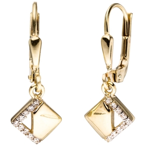 Paar Ohrringe Ohrhänger Rauten Rhombus mit Zirkonia 333 Gold Gelbgold Damen