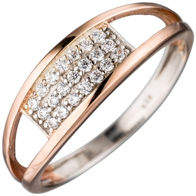 Ring Damenring mit Zirkonia weiß in drei Reihen 925 Silber rotvergoldet Damen