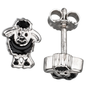 Ohrstecker Ohrringe schwarzes Schäfchen Schaf 925 Silber Lackeinlage Kinder
