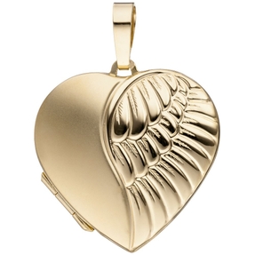 Medaillon für 2 Fotos Amulett Anhänger Herz zum Öffnen Flügel 333 Gold Gelbgold