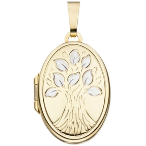 Medaillon für 2 Fotos Amulett Baum Anhänger zum Öffnen oval 585 Gold Gelbgold