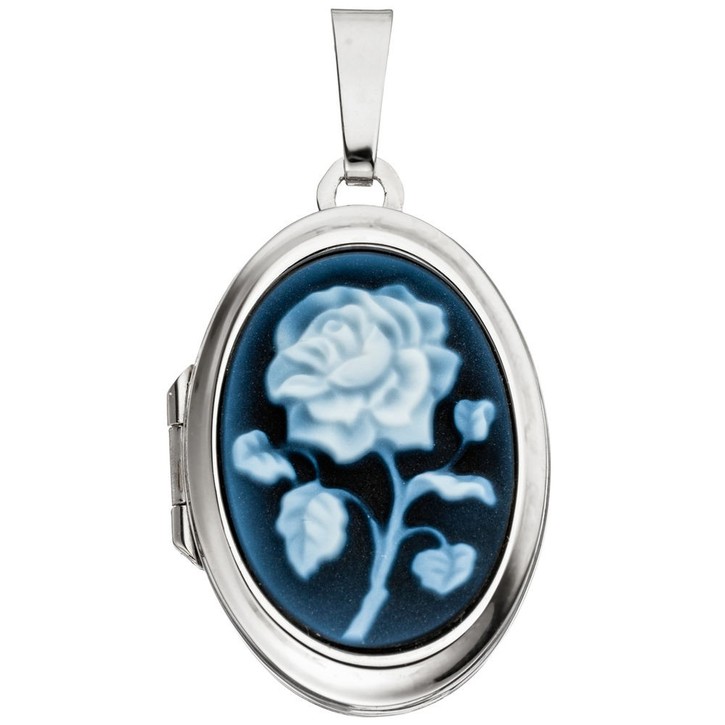 Medaillon für 2 Fotos Achat Gemme und Rose 925 Silber