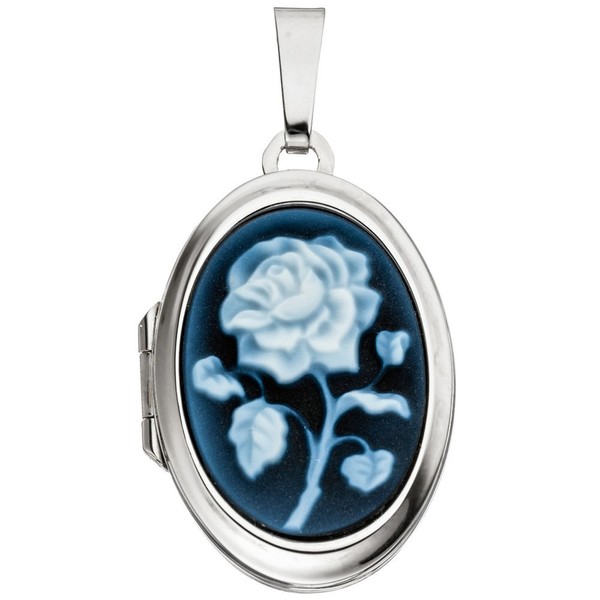 Medaillon für 2 Fotos Achat Gemme und Rose 925 Silber