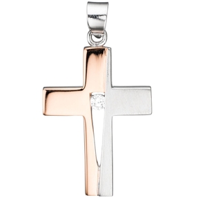 Anhänger Kreuz mit Zirkonia 925 Silber rotvergoldet Kreuzanhänger Halsschmuck