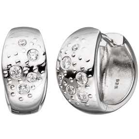 Paar Ohrringe Creolen 16,8mm mit 10 weißen Zirkonia 925 Silber Klappcreolen
