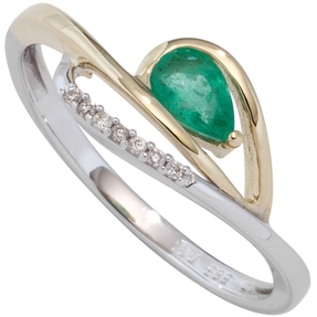 Ring Damenring mit Smaragd grün & 7 Brillanten 585 Gold Gelbgold Weißgold