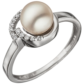 Ring Damenring mit Süßwasser Perle Zuchtperle weiß & Zirkonia 925 Silber elegant