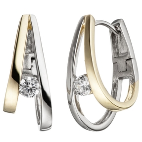 Creolen Ohrringe zwei Bögen mit Zirkonia weiß 925 Silber teilvergoldet Damen Creolen Ohrringe zwei Bögen mit Zirkonia weiß 925 Silber teilvergoldet Damen