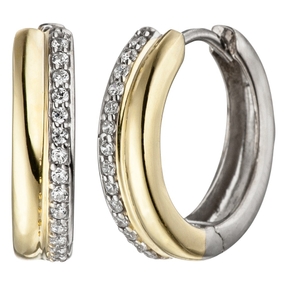 Ohrringe Klappcreolen mit Zirkonia weiß am Rand 925 Silber teilvergoldet Damen Ohrringe Klappcreolen mit Zirkonia weiß am Rand 925 Silber teilvergoldet Damen