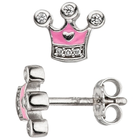 Kinder Ohrstecker Krone rosa mit Zirkonia an Spitzen 925 Silber Ohrschmuck
