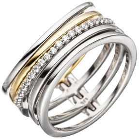 Breiter Ring Damenring 5-reihig mit Zirkonia weiß 925 Silber teilvergoldet