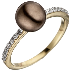 Ring Damenring mit Perle braun & Zirkonia weiß 333 Gold Gelbgold bicolor
