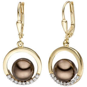 Ohrringe Ohrhänger Kreise mit Perlen braun & Zirkonia 333 Gold Gelbgold bicolor
