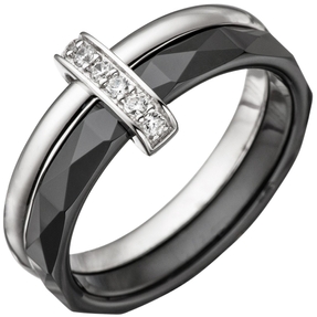 Ring Damenring aus Keramik schwarz & 925 Silber mit Zirkonia weiß Fingerring