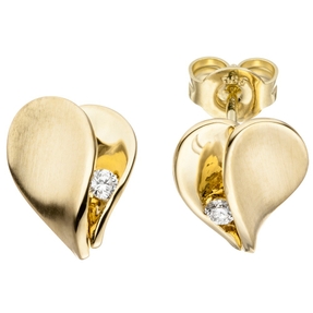 Ohrstecker Herz Herzen mit Diamanten Brillanten 585 Gold Gelbgold mattiert Damen