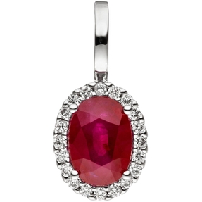 Anhänger aus 585 Gold Weißgold mit Rubin rot oval & 20 Diamanten Brillanten