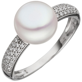Ring Damenring mit Süßwasser Perle & Zirkonia 333 Gold Weißgold Perlenring Damen
