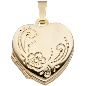Medaillon Herz mit Blumen Anhänger zum Öffnen für 4 Fotos 333 Gold Gelbgold