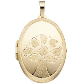 Medaillon Baum Anhänger zum Öffnen für 2 Fotos 585 Gold Gelbgold oval mattiert