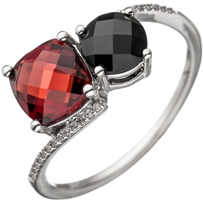 Ring Damenring 24 Diamanten Brillanten Granat rot Onyx schwarz 585 Gold Weißgold