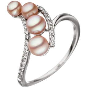 Ring Damenring aus 585 Gold Weißgold mit 24 Brillanten & 4 Süßwasser Perlen rosa