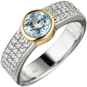 Ring Damenring mit Blautopas rund hellblau Zirkonia 925 Silber teilvergoldet Ring Damenring mit Blautopas rund hellblau Zirkonia 925 Silber teilvergoldet