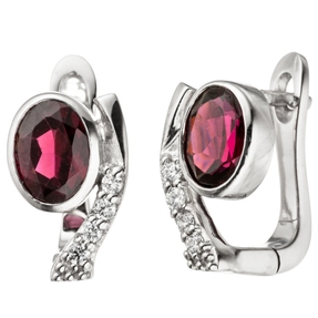 Ohrringe Creolen mit Granat rot oval & Zirkonia weiß 925 Silber Ohrschmuck