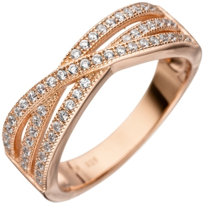 Ring Damenring 3-reihig gekreuzt Zirkonia weiß 925 Silber rotgold vergoldet