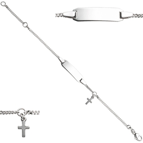 Kinder Armband Gravurplatte Schildband mit Kreuz Kreuzchen 925 Silber 12-14cm