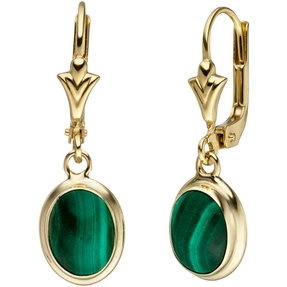 Ohrhänger Ohrringe Boutons Ohrschmuck mit Malachit grün oval 585 Gold Gelbgold