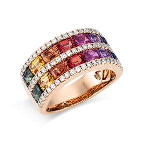 Ring breit aus 750 Rotgold 14 Saphire 3,66ct mehrfarbig 66 Brillanten 0,49ct TW-SI