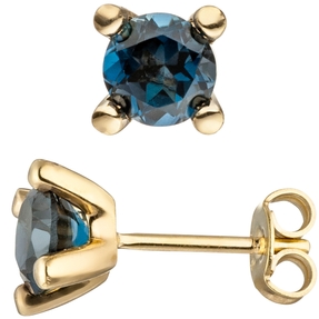 Solitär Ohrstecker Ohrschmuck mit Blautopas blau London Blue 585 Gold Gelbgold Solitär Ohrstecker Ohrschmuck mit Blautopas blau London Blue 585 Gold Gelbgold
