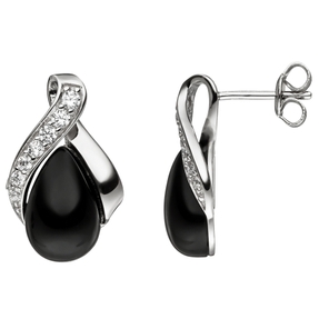 Ohrstecker mit Onyx schwarz & 14 Zirkonia weiß 925 Silber Ohrringe Ohrschmuck Ohrstecker mit Onyx schwarz & 14 Zirkonia weiß 925 Silber Ohrringe Ohrschmuck
