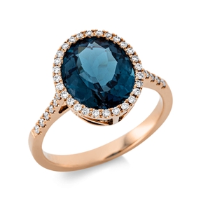 Oval ring 750 red gold with London Blue topaz, 4.4 ct and 40 brilliant-cut diamonds 0.23 ct TW-SI, width: 12.9 mm Oval ring 750 red gold with London Blue topaz, 4.4 ct and 40 brilliant-cut diamonds 0.23 ct TW-SI, width: 12.9 mm