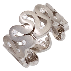 Breiter Ring Damenring mit 10 Diamanten Brillanten 585 Gold Weißgold mattiert