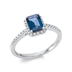 Ring aus 750 Weißgold Topas 1,08ct London Blue 34 Brillanten 0,11ct TW-SI B:8,4mm