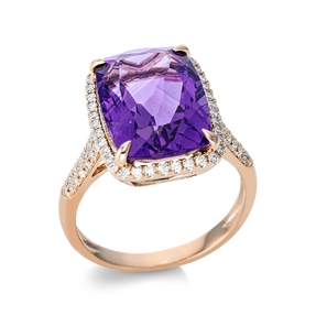 Ring aus 750 Rotgold Amethyst 7ct lila 76 Brillanten 0,37ct TW-SI B:16mm 4er-Krappe Ring aus 750 Rotgold Amethyst 7ct lila 76 Brillanten 0,37ct TW-SI B:16mm 4er-Krappe