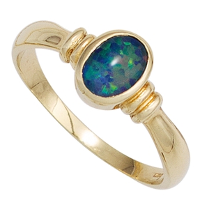 Ring Damenring mit Opal oval blau-grün 585 Gold Gelbgold Goldring Opalring