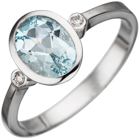 Ring Damenring mit Aquamarin blau hellblau & 2 Brillanten 585 Gold Weißgold