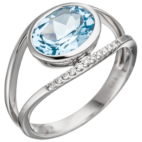 Ring Damenring mit Blautopas blau hellblau & 11 Brillanten 585 Gold Weißgold