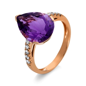 Ring Tropfen 750 Rotgold Amethyst 4,7ct lila 10 Brillanten 0,21ct TW-SI B:14,7mm