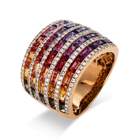 Ring breit aus 750 Rotgold 38 Saphire 5,02ct mehrfarbig 150 Brillanten 0,72ct TW-SI Ring breit aus 750 Rotgold 38 Saphire 5,02ct mehrfarbig 150 Brillanten 0,72ct TW-SI
