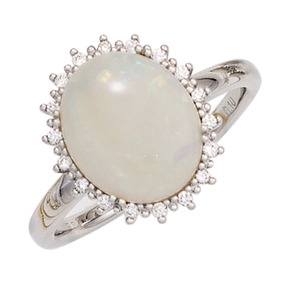 Ring Damenring mit Opal & 18 Diamanten Brillanten 585 Gold Weißgold Opalring