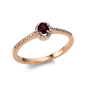 Ring aus 750 Rotgold Rubin 0,21ct rot 32 Brillanten 0,12ct TW-SI B:5,1mm 4er-Krappe Ring aus 750 Rotgold Rubin 0,21ct rot 32 Brillanten 0,12ct TW-SI B:5,1mm 4er-Krappe