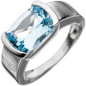 Ring Damenring mit Blautopas rechteckig blau hellblau 585 Gold Weißgold