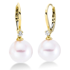 Ohrschmuck 750 Gelbgold 2 Süßwasser-Perlen 9,5mm weiß 2 Brillanten 0,09ct W-SI