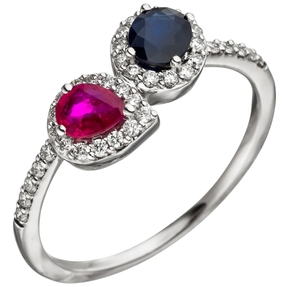 Ring Damenring mit Rubin rot & Saphir blau & 38 Brillanten 585 Gold Weißgold
