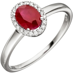 Ring Rubin rot oval & 20 Diamanten Brillanten 585 Gold Weißgold