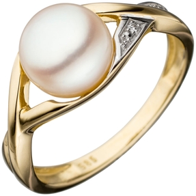 Ring Damenring mit Perle Süßwasser Zuchtperle weiß 585 Gold Gelbgold bicolor