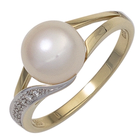 Ring Süßwasser Perle weiß & 6 Brillanten 0.02Ct W/SI 585 Gold Gelbgold